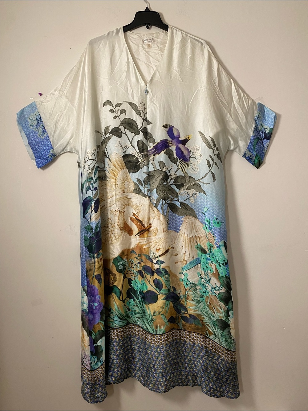 100% Silk White & Blue Illustrated Bird Print maxi boubou dress with pockets